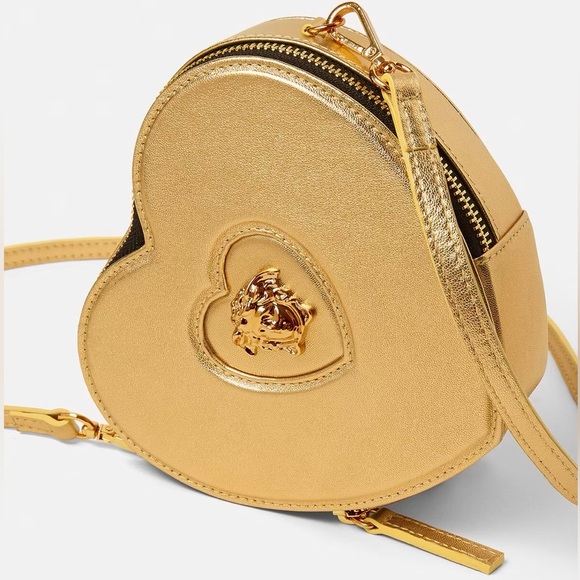 NWT Versace Heart Medusa Crossbody Strap Bag Gold Leather Kids Purse Logo Plaque